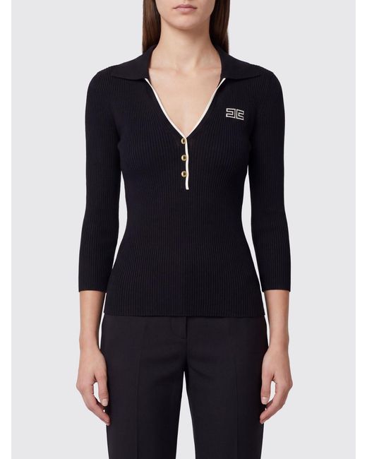 Elisabetta Franchi Black Slim Fit Long-Sleeved Ribbed Knitted Polo Shirt