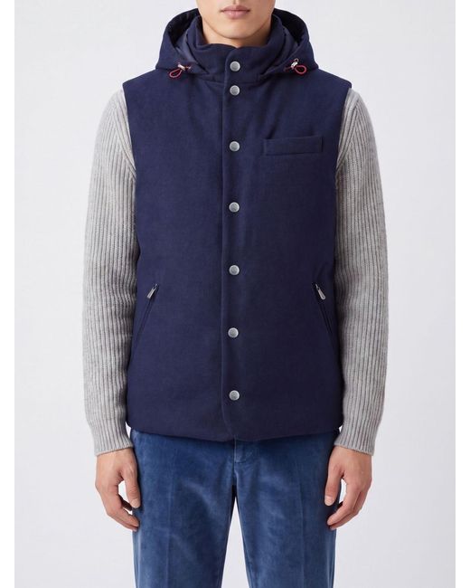 Brunello Cucinelli Blue Padded Wool Vest With Detachable Hood for men