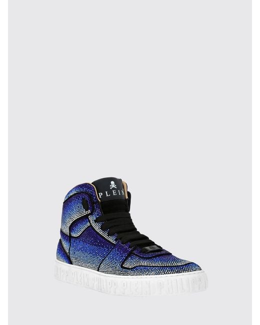 Philipp Plein Blue Rhinestone Suede Sneakers for men