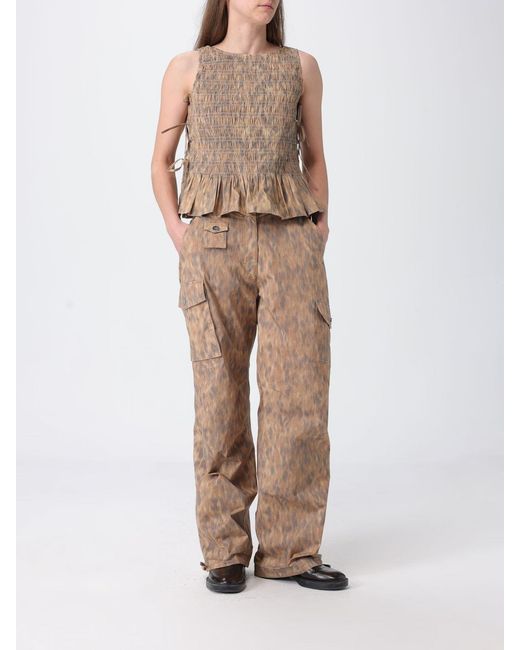 Ganni Natural Organic Cotton Cargo Trousers With Animal Print