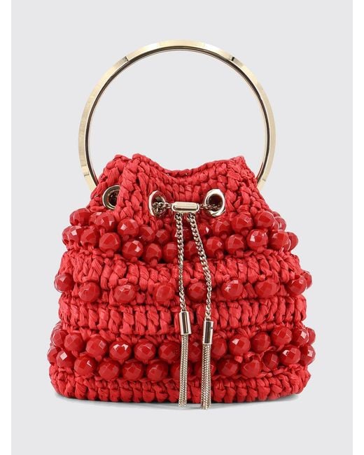 Jimmy Choo Red Bon Bon Crochet Raffia Bag With Faceted Beads