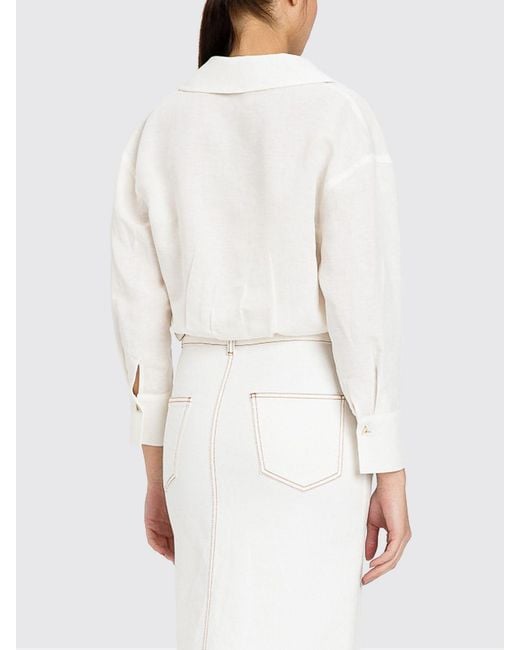 Twinset White Cropped Linen-Blend Shirt With Elasticated Hem