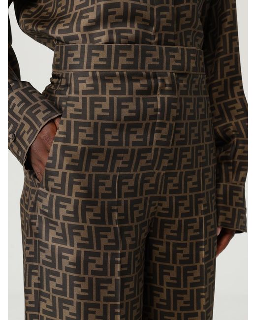 Fendi Brown Silk Trousers With Monogram Motif