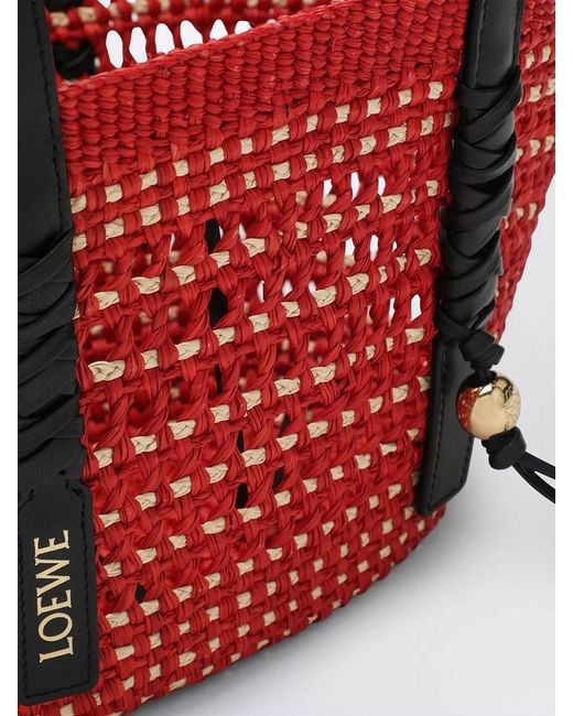 Loewe Red Small Crochet Raffia Shoulder Bag With Leather Handles