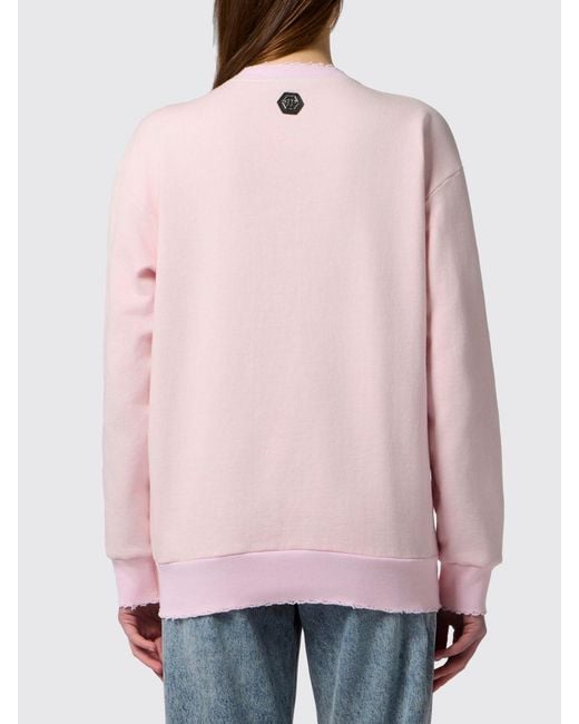 Philipp Plein Natural Relaxed Fit Cotton Sweatshirt With Frayed Hem And Rhinestone Logo