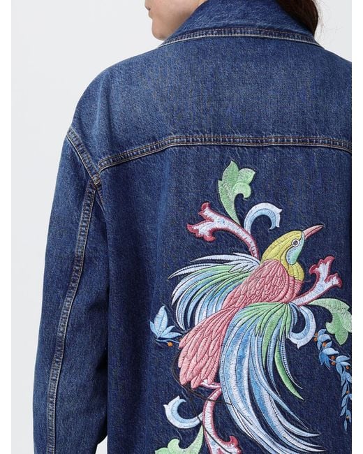 Etro Blue Cropped Embroidered Cotton Denim Jacket With Zip Closure