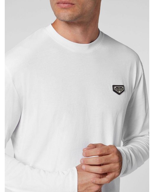 Philipp Plein White Long-Sleeved Cotton T-Shirt With Applied Logo Patch for men