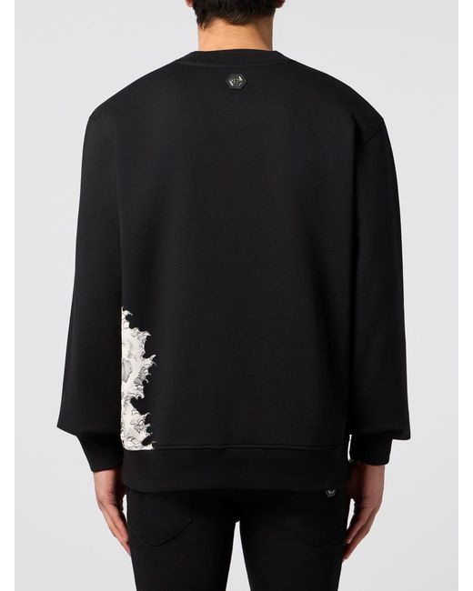 Philipp Plein Black Cotton Crewneck Sweatshirt With Graphic Print And Hexagon Logo for men