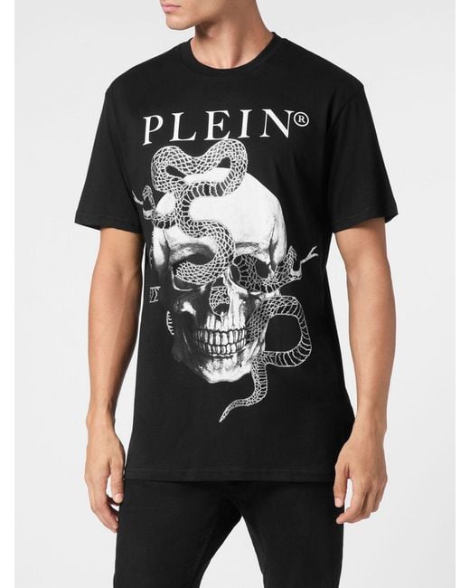 Philipp Plein Black Cotton T-Shirt With Skull Print And Rhinestone Embellishments for men