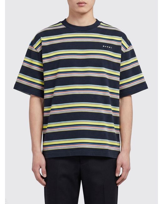 Marni Blue Relaxed Fit Striped Cotton T-Shirt With Contrast Logo for men