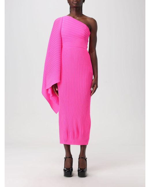 Solace London Pink Lenna One-sleeve Draped Plissé-chiffon Midi Dress