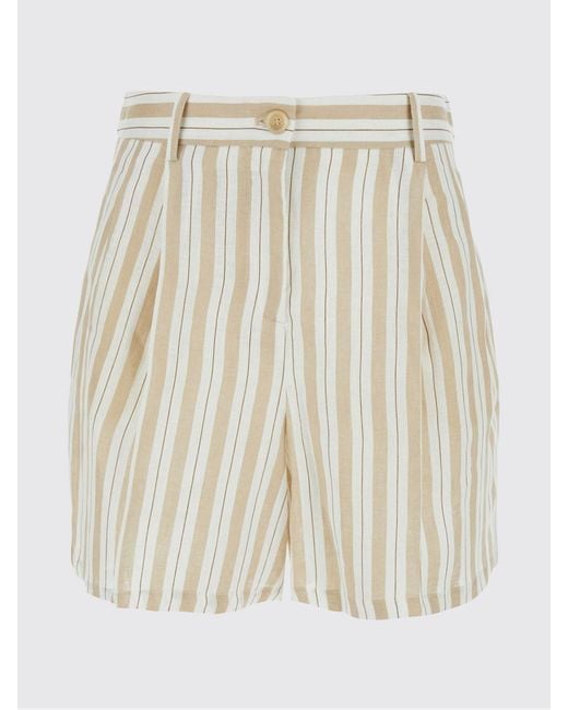 Semicouture White High-Waisted Striped Linen Shorts With Belt Loops