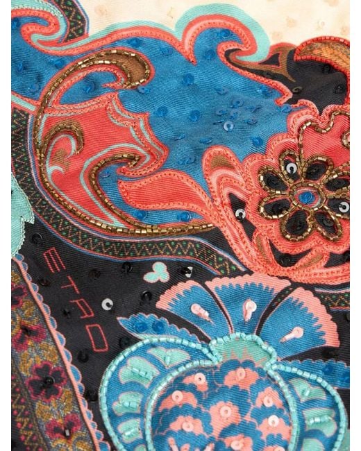 Etro Blue Paisley Print Silk Scarf With Beaded Fringes