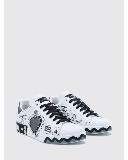 Dolce & Gabbana White Dolce &Amp Gabbana Portofino Studded Calf Leather Sneakers With Lettering Logo for men