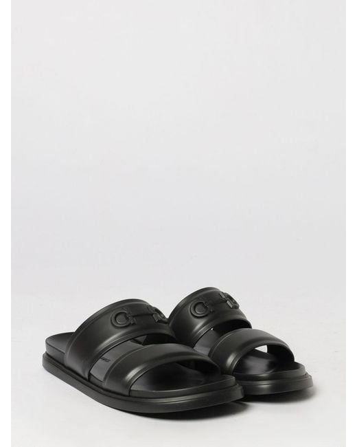 Ferragamo Black Embossed Gancini Logo Rubber Flat Sandals