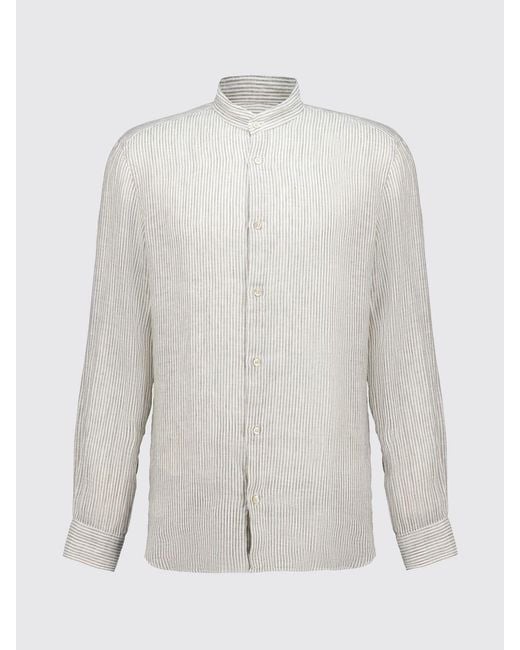 Boglioli Gray Striped Linen Slim Fit Shirt With Mandarin Collar for men