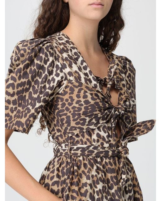 Ganni Brown Animal Print Cotton Midi Dress