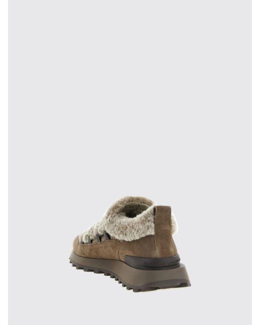 Brunello Cucinelli Brown Leather And Shearling Low Top Sneakers With Monili Detail