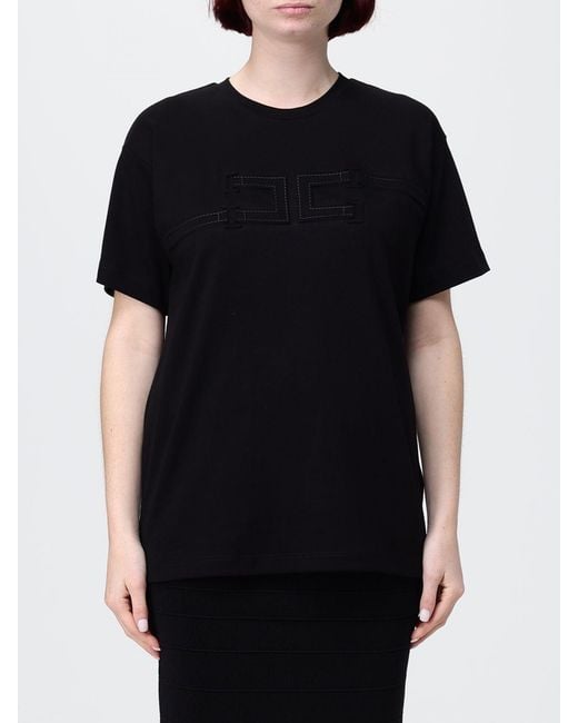 Elisabetta Franchi Black Cotton T-Shirt With Embroidered Logo