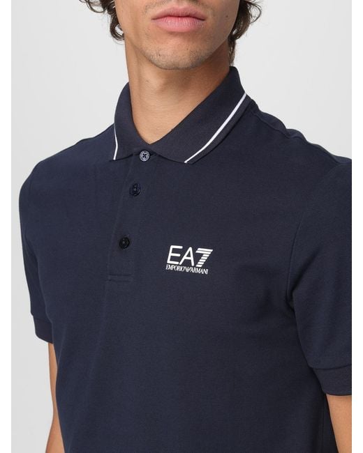EA7 Blue Cotton Blend Piquet Short Sleeve Polo Shirt With Button Closure for men