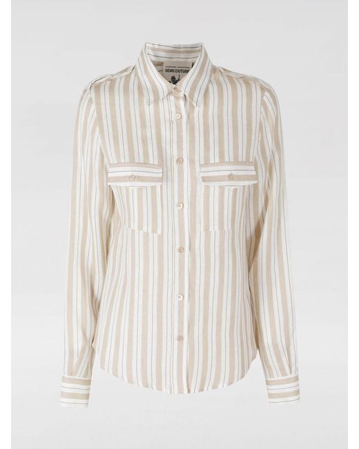 Semicouture White Striped Slim Fit Cotton Shirt With Shoulder Epaulettes