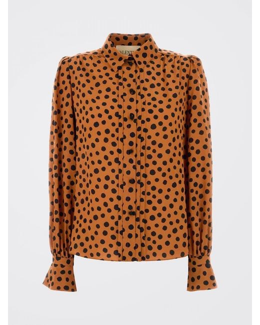 Valentino Brown Pure Silk Polka Dot Print Shirt With Classic Pointed Collar