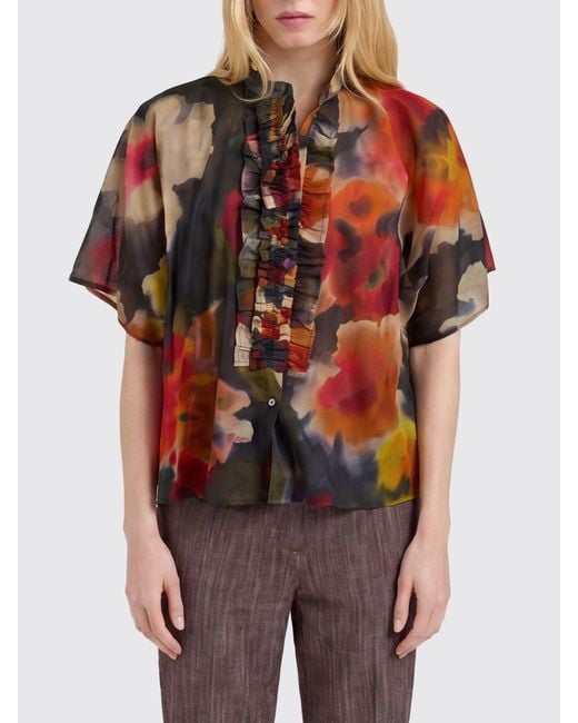 Momoní Red MomonÌ Short-Sleeved Floral Print Cotton Shirt With Ruffles And A Mandarin Collar