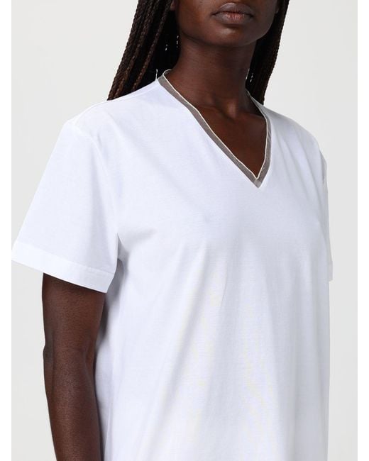 Fabiana Filippi White V-Neck T-Shirt With Diamond Thread Inlays