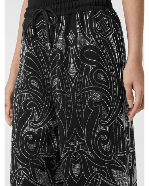 Philipp Plein Black Gothic Wide-Leg Cotton-Blend Trousers With Rhinestone Logo