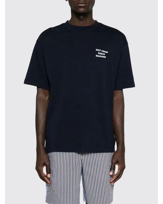 Drole de Monsieur Blue Crewneck Cotton T-Shirt With Logo And Slogan Print for men