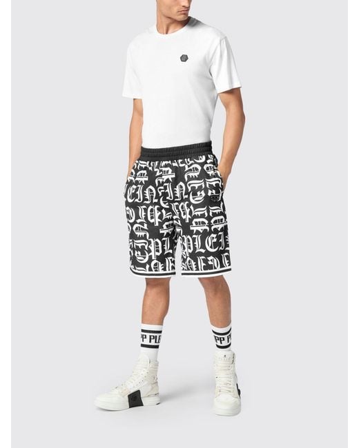 Philipp Plein Black Gothic Jersey Sport Shorts With Monogram Logo Print for men