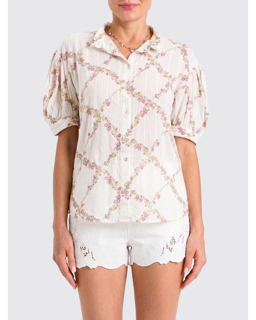 Twinset White Floral Print Cotton Shirt With Puff Sleeves