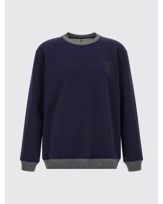 Brunello Cucinelli Blue Cotton Crewneck Sweatshirt With Contrast Embroidered Logo for men