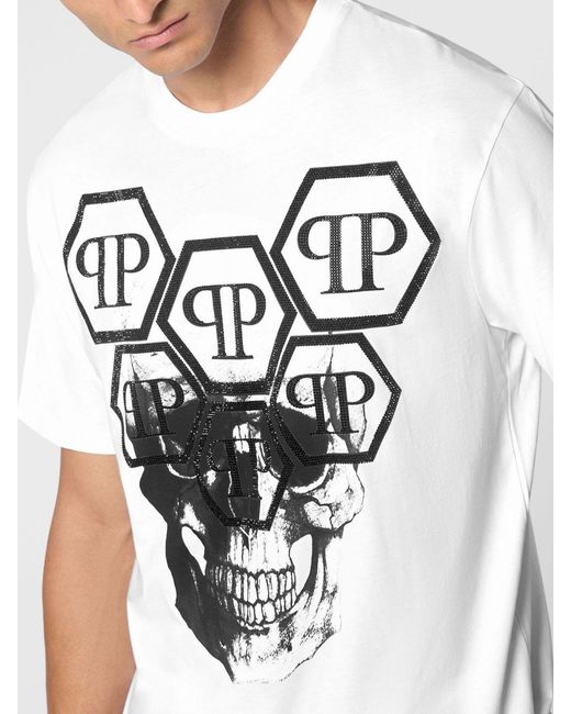 Philipp Plein White Cotton T-Shirt With Skull Print And Rhinestone Hexagon Logo for men