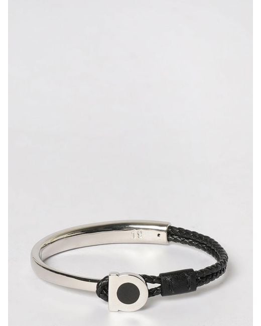 Ferragamo Black Gancini Leather And Brass Bracelet for men