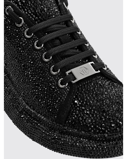 Philipp Plein Black Leather Platform Sneakers With Embroidered Details And Rhinestones