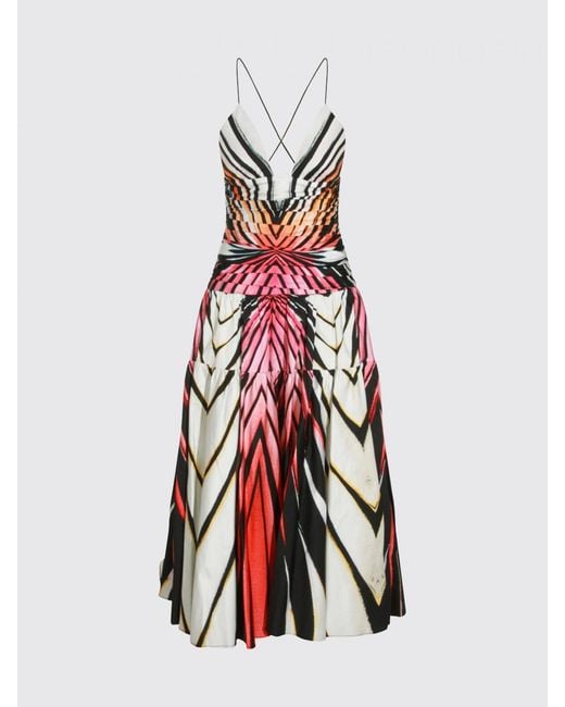 Roberto Cavalli White V-Neck Abstract Print Stretch Cotton A-Line Midi Dress