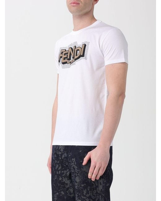 Fendi White Slim Cotton T-Shirt With Rhinestones for men