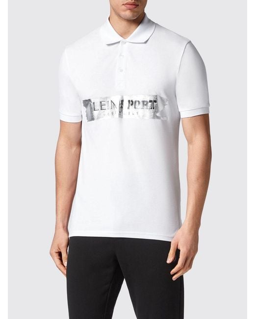 Philipp Plein White Slim Fit Cotton Polo Shirt With Laminated Hexagon Logo for men