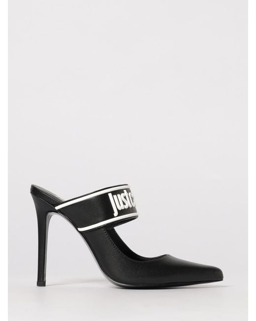 Just Cavalli Black Leather Mules With Logo