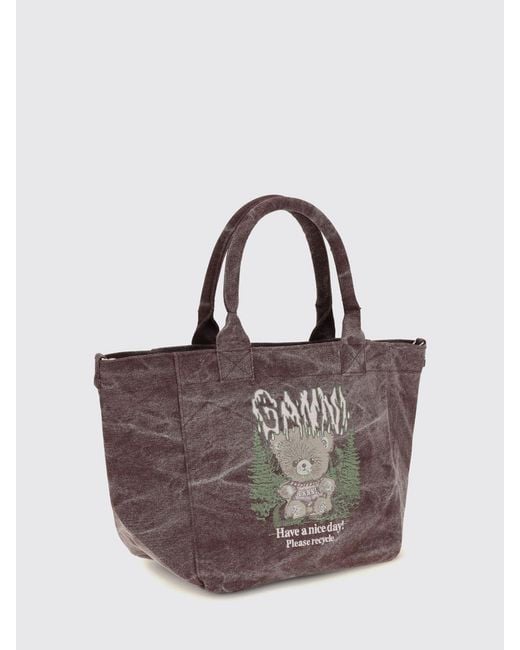 Ganni Blue Medium Recycled Cotton Tote Bag With Teddy Bear Print
