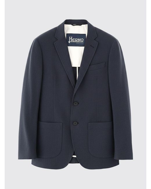 Herno Blue Single-Breasted Linen Blazer With Notch Lapels And Patch Pockets for men