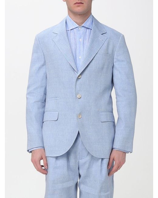 Brunello Cucinelli Blue Single-Breasted Linen Blazer for men