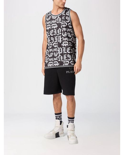 Philipp Plein Blue Gothic Cotton Vest With Contrast Logo And Crew Neck for men