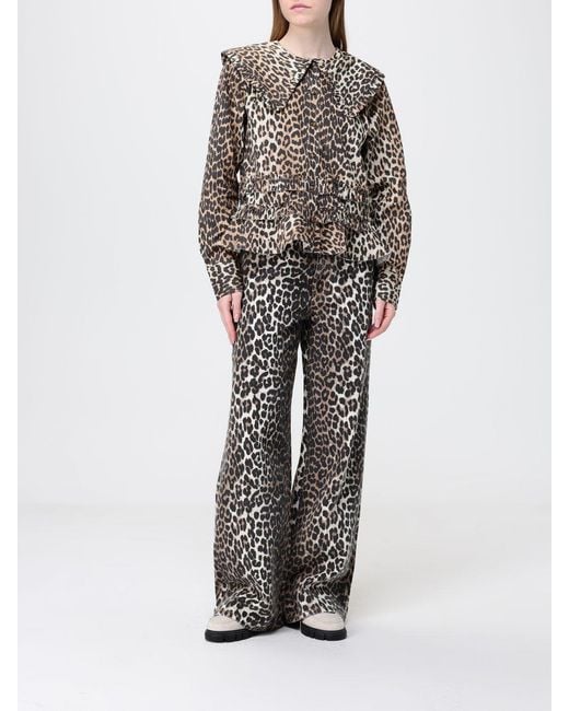 Ganni Gray Organic Cotton Shirt With Animal Print