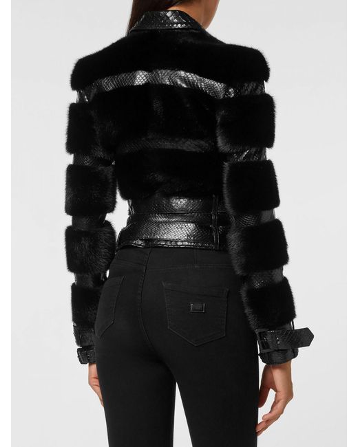 Philipp Plein Black Snakeskin Biker Jacket With Mink Fur Details