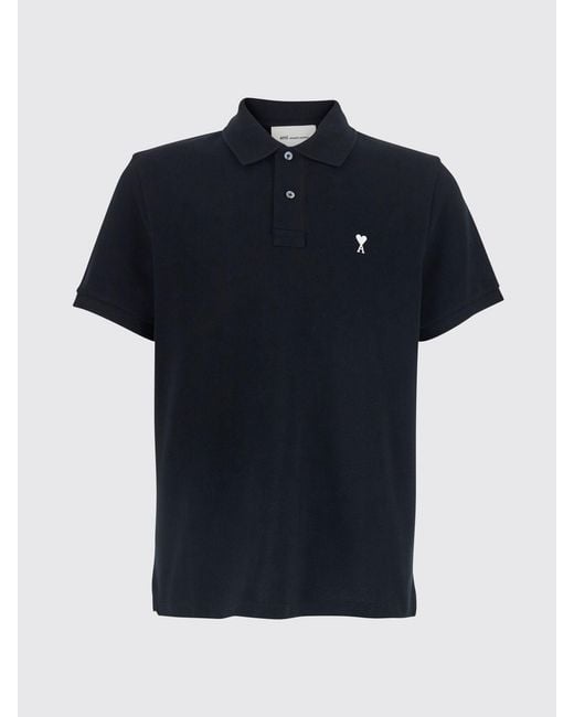 AMI Black Cotton Short-Sleeved Polo Shirt With Embroidered Logo for men