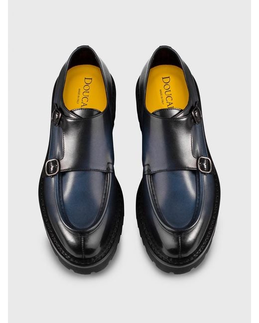 Doucal's Blue Leather Monk Strap Shoes for men