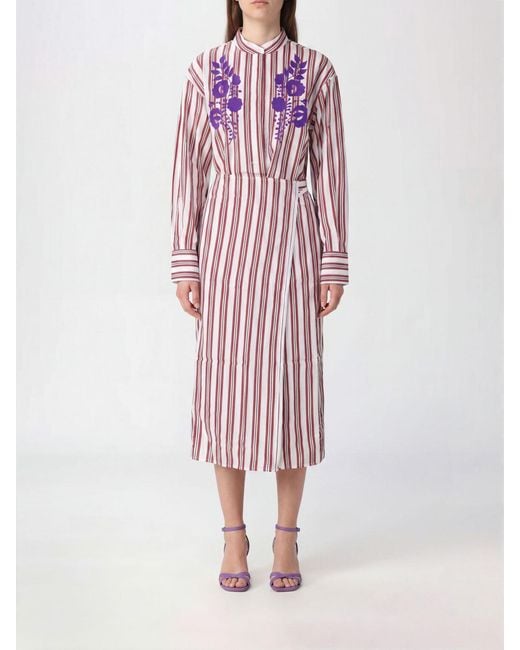 Antik Batik Red Striped And Floral Cotton Long Wrap Shirt Dress With Mandarin Collar