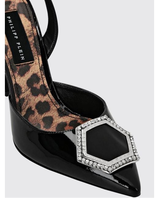 Philipp Plein Black Patent Leather Slingbacks With A High Heel And Jewel Buckle